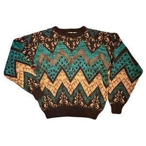 Gabrielle Vintage Men’s Teal Multicolor Chevron 80’s Sweater Leather Trim